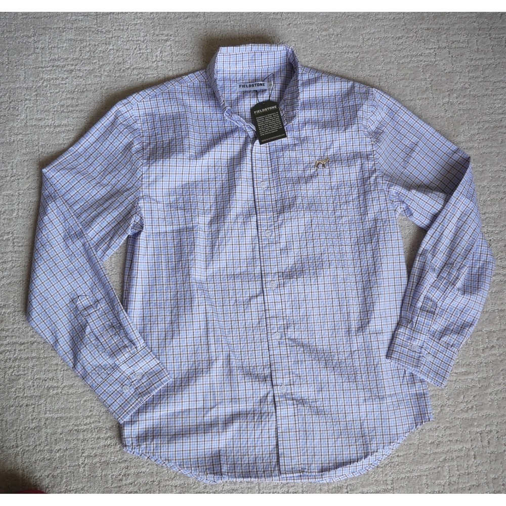 Fieldstone Mens Blue Brown Tattersall Check Button Down Shirt Small NWT Dog Logo
